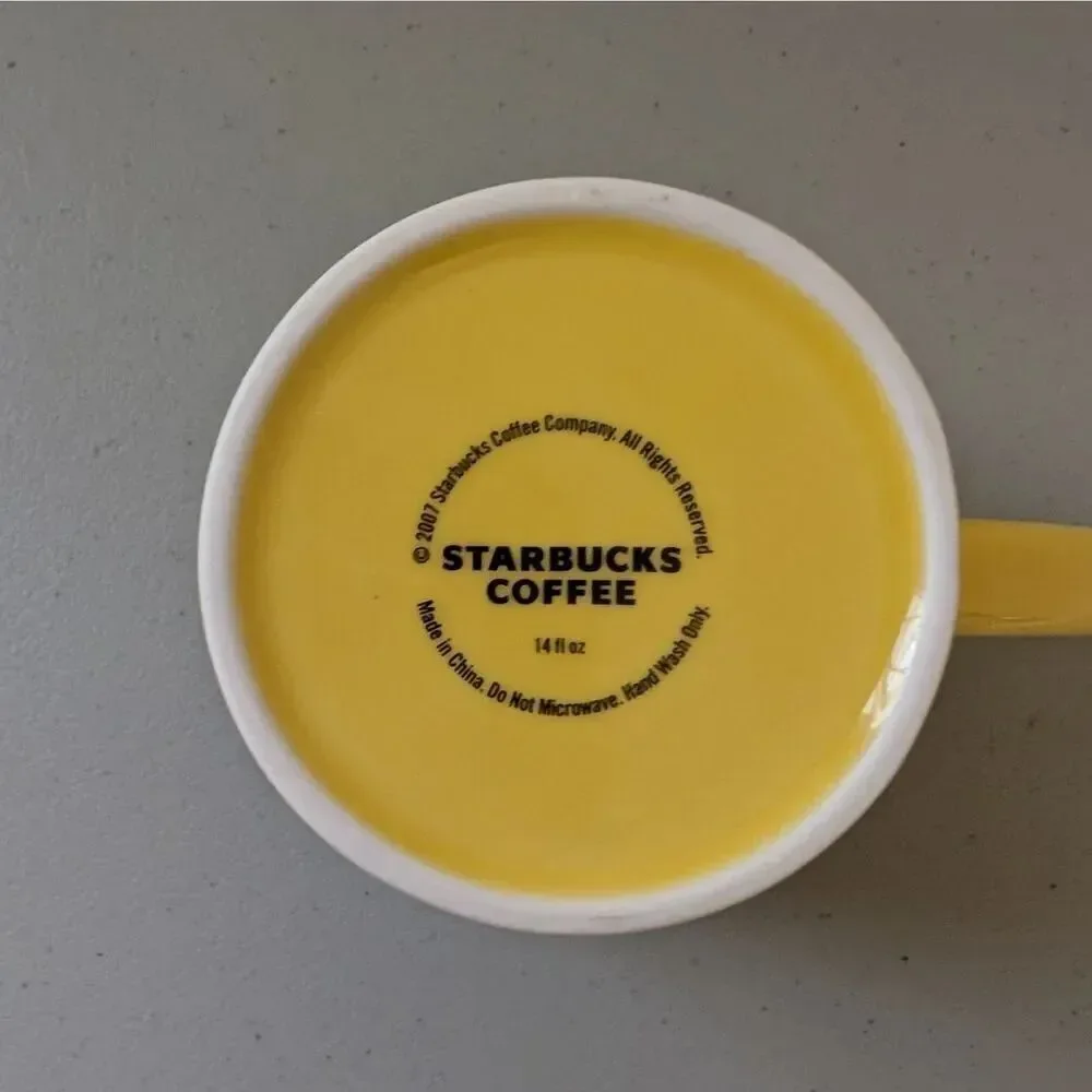 '07 STARBUCKS 14oz YELLOW & GREEN RIBBED Sand Pail Bucket Coffee Mugs Silver Rim